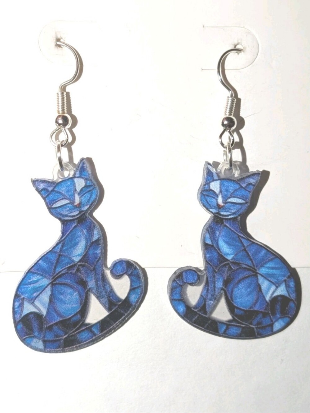 Hand Crafted Blue Cat Dangle Earrings